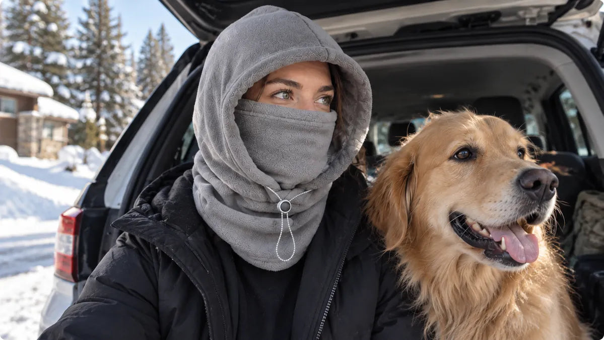 Gray fleece hood worn with a dog in winter