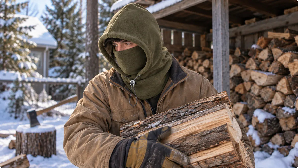 Olive fleece hood worn while carrying firewood in snow
