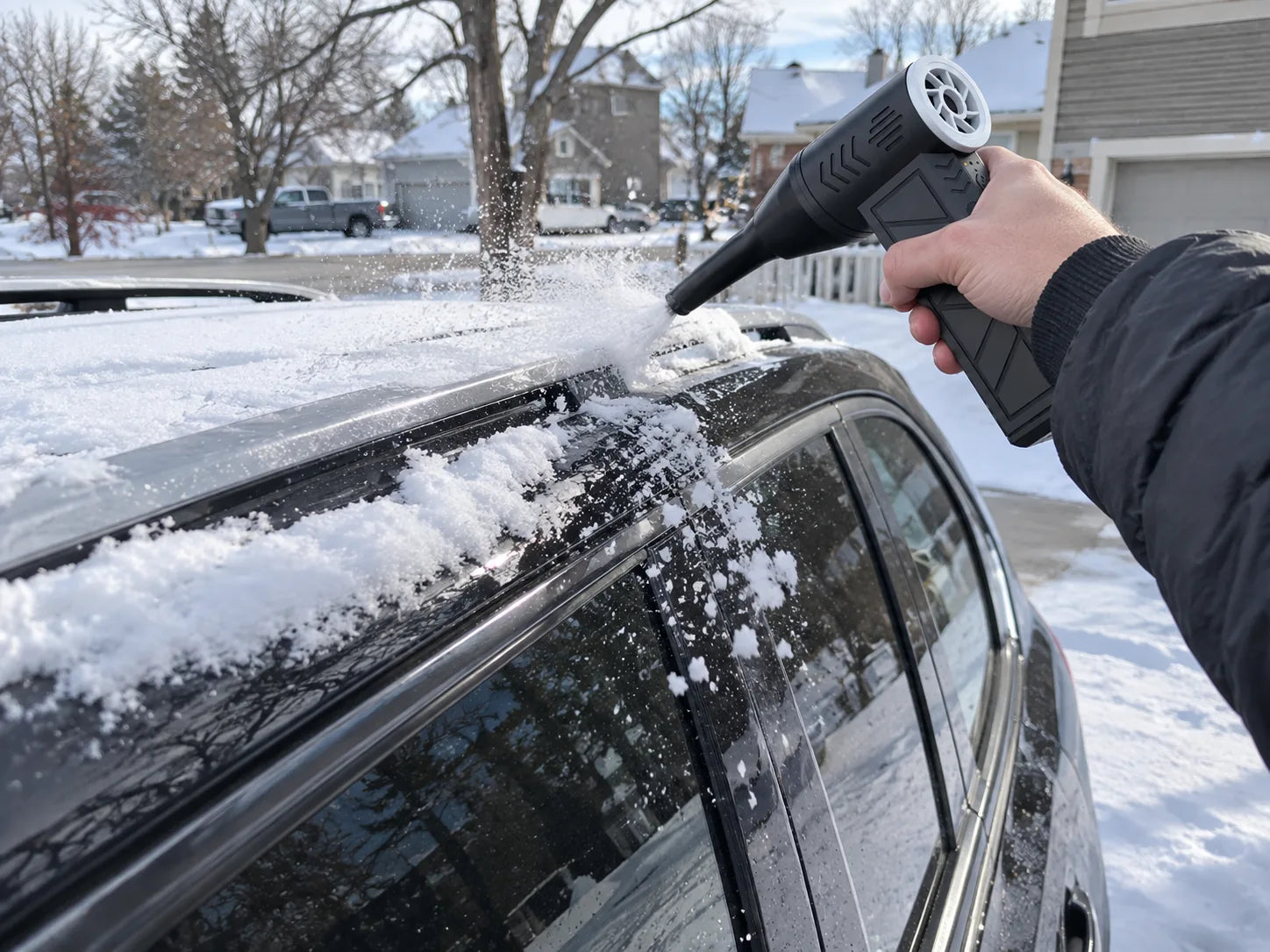 Cordless air duster clearing snow from a car roof