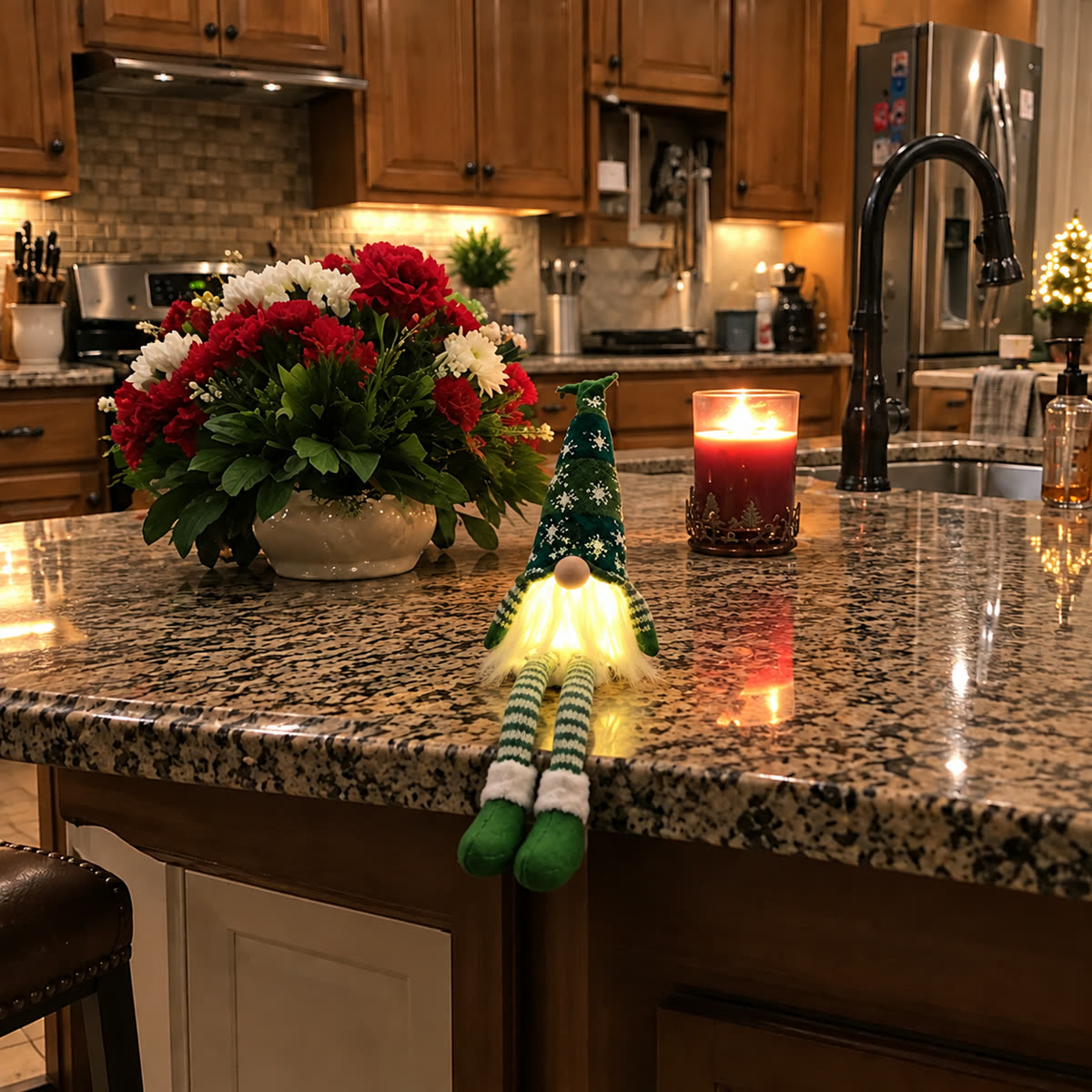 Customer photo of green glowing Christmas doll on a kitchen island