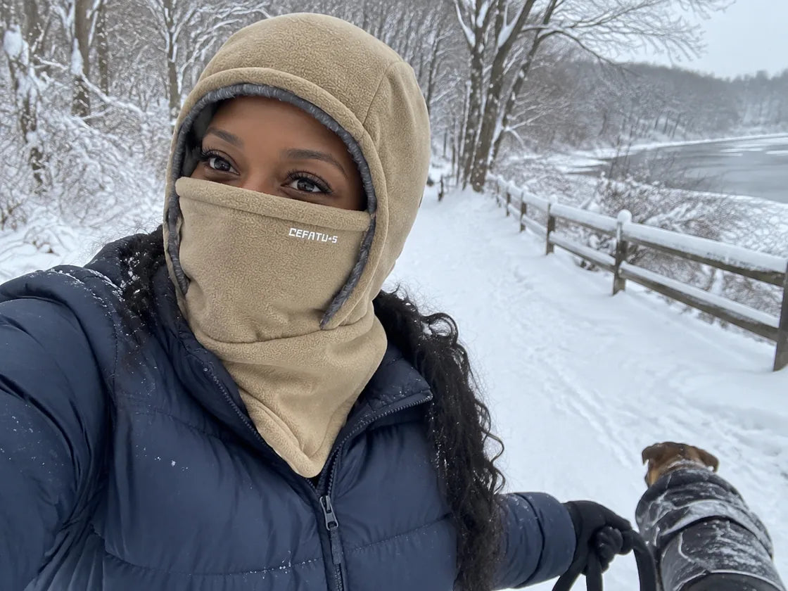 Beige winter hood on a snowy trail