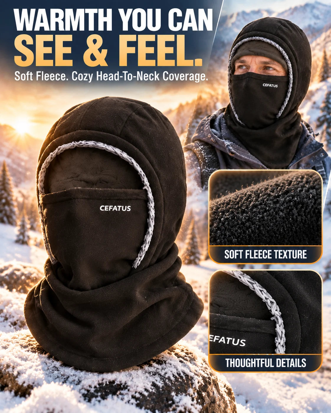 Winter hood product close-up with fleece texture and hood-edge details