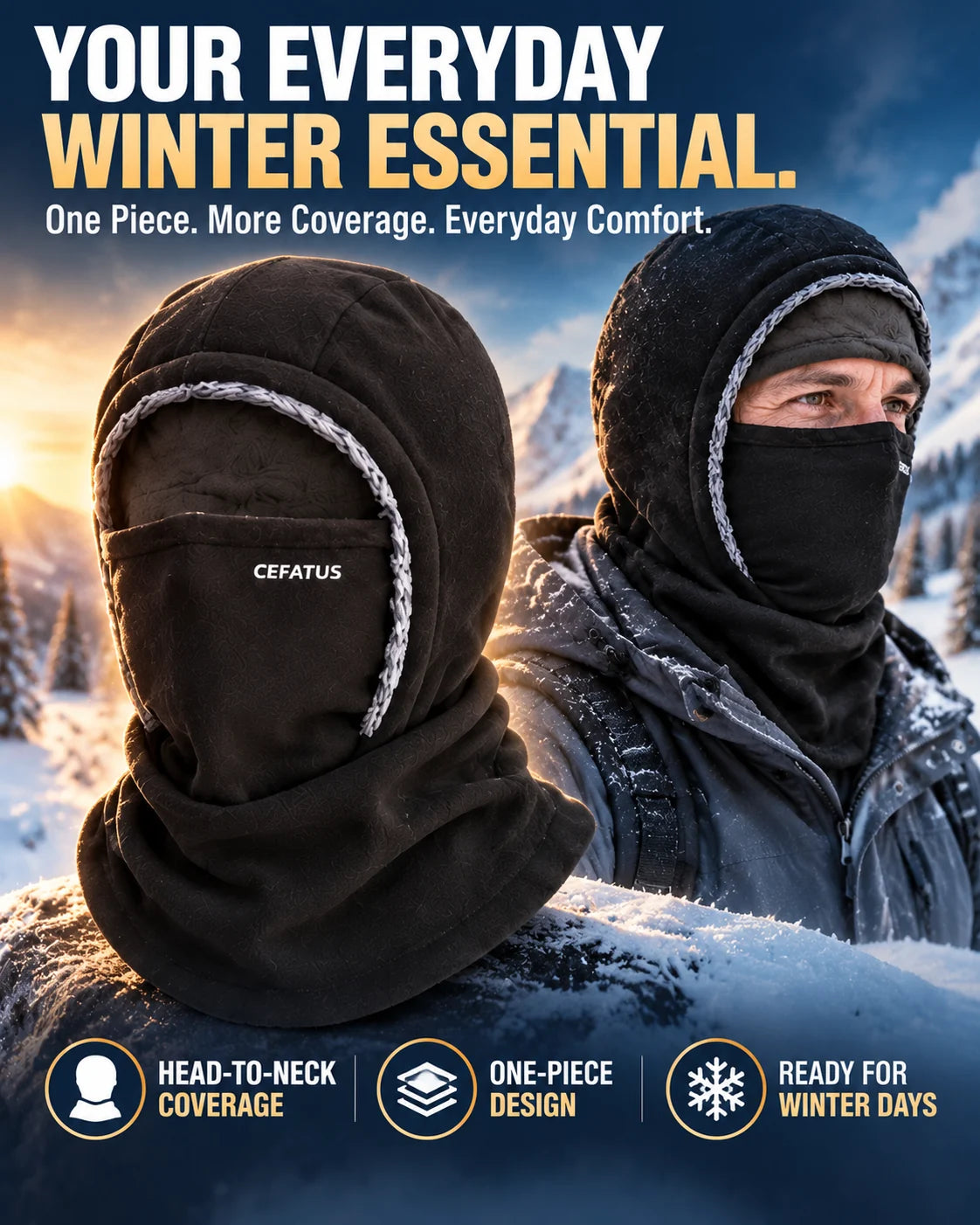 Black winter hood shown on snow and worn with full head, face and neck coverage