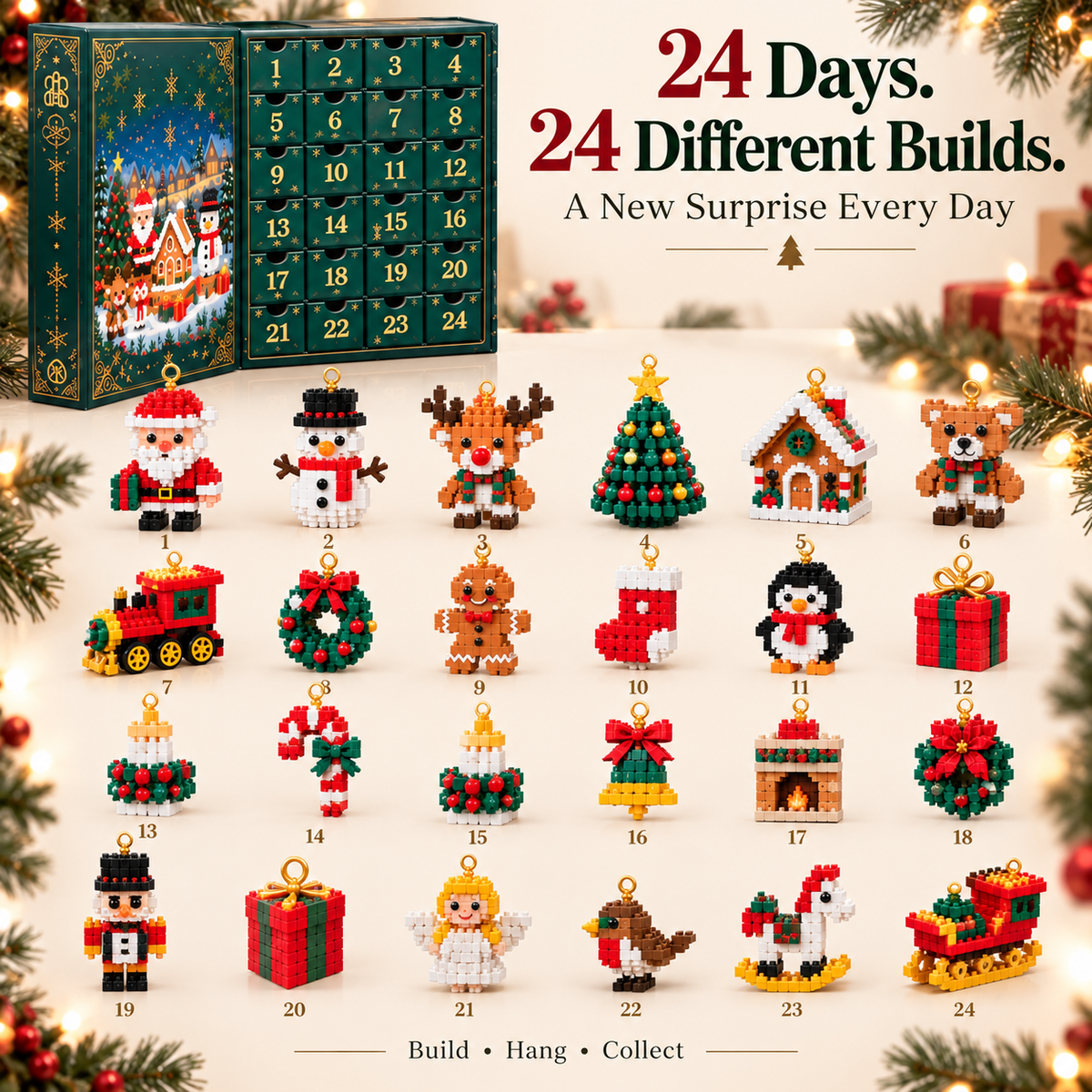 Tailorapaw® 24-Day Mini Christmas Ornament Advent Calendar | 24 unique festive buildable designs with hanging loops