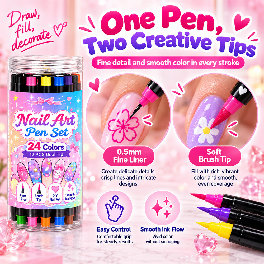 Tailorapaw® 24 Colors Dual Ended Nail Art Pens Set – Creative, Salon‑Quality, Easy DIY ✨