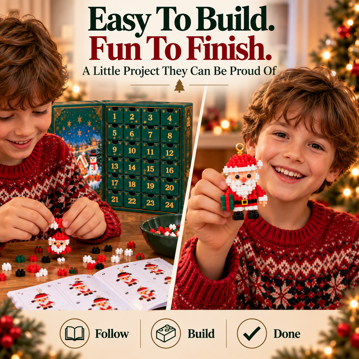 Tailorapaw® 24-Day Mini Christmas Ornament Advent Calendar | 24 unique festive buildable designs with hanging loops