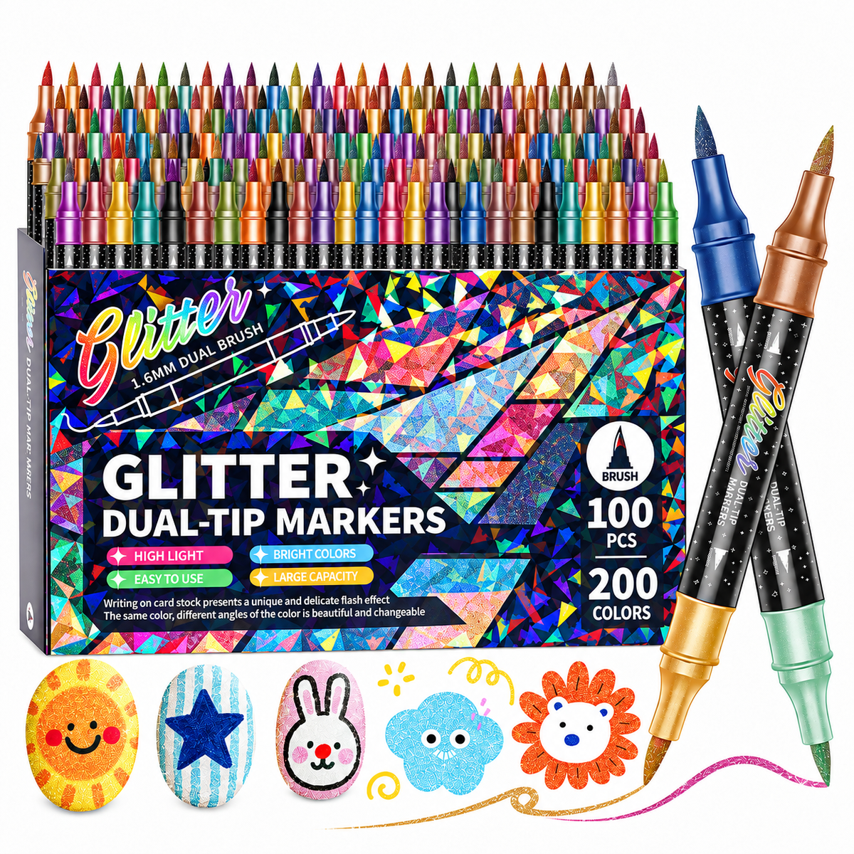 Tailorapaw® 🎨Glitter Effect Brush Markers - Create Sparkling Artwork Easily(🌈24-200 Colors | Smooth No Clog | No Bleed Through📝)