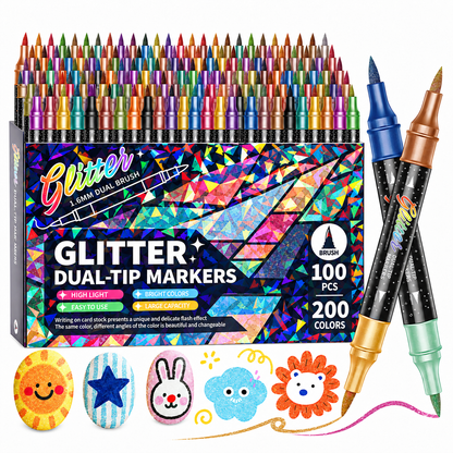 Tailorapaw® 🎨Glitter Effect Brush Markers - Create Sparkling Artwork Easily(🌈24-200 Colors | Smooth No Clog | No Bleed Through📝)