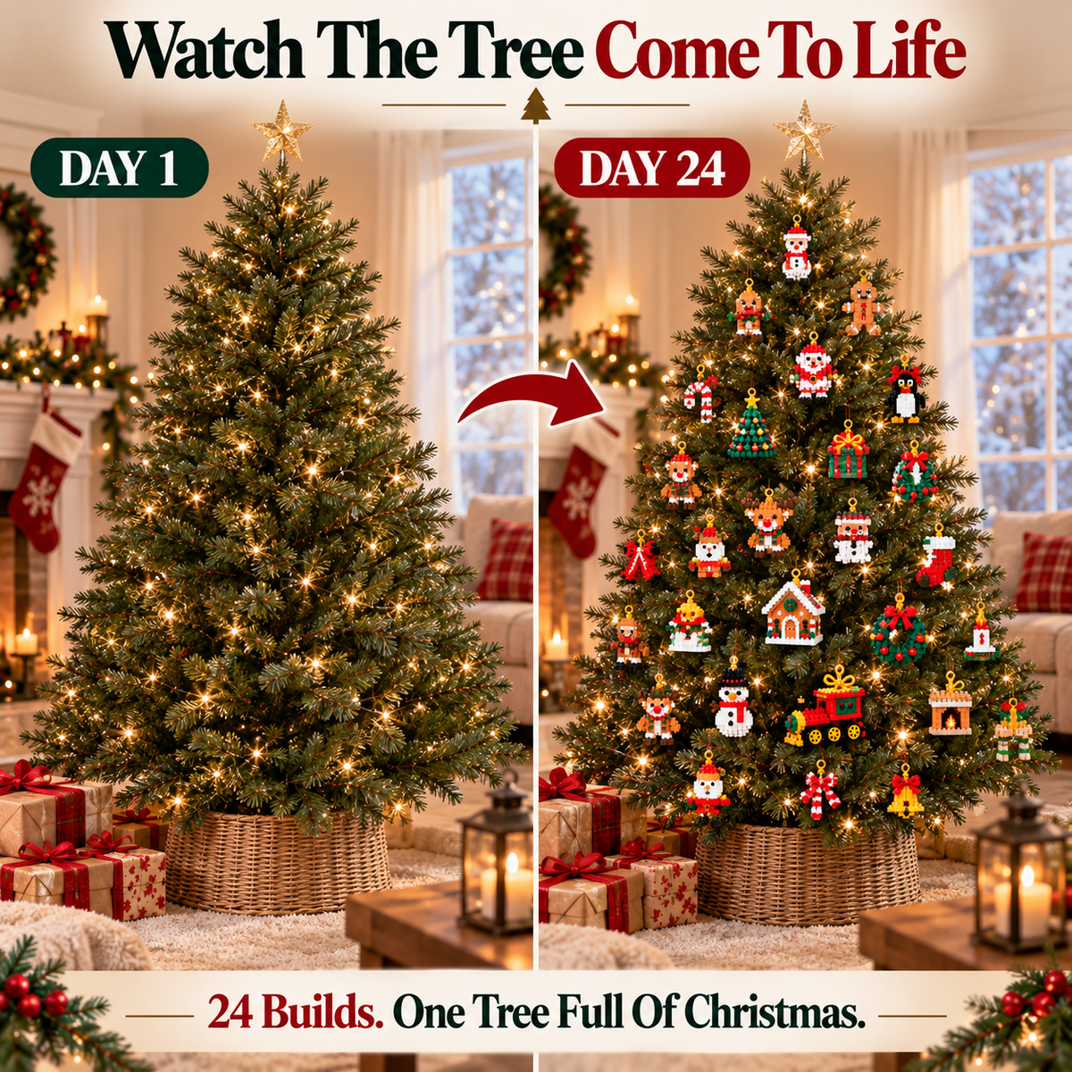 Tailorapaw® 24-Day Mini Christmas Ornament Advent Calendar | 24 unique festive buildable designs with hanging loops