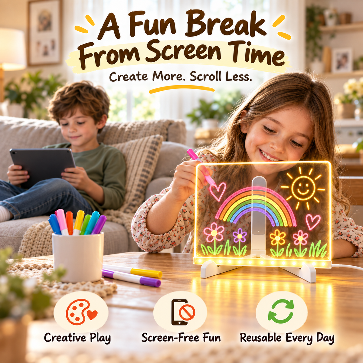 Tailorapaw® Creative Rewritable Acrylic LED Message Board 🎨 (set come with 7 Pens)