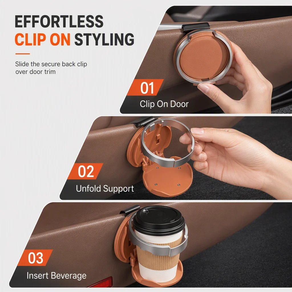 Tailorapaw® Foldable Car Cup Holder with Hook, Space-Saving Vehicle Drink Holder for Bottles, Coffee Cups & Tumblers