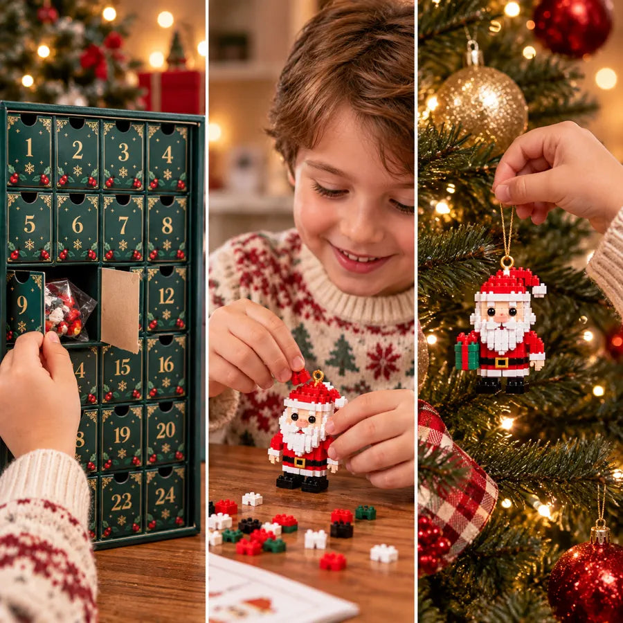 Three step Christmas brick advent activity from opening a door to building and decorating the tree