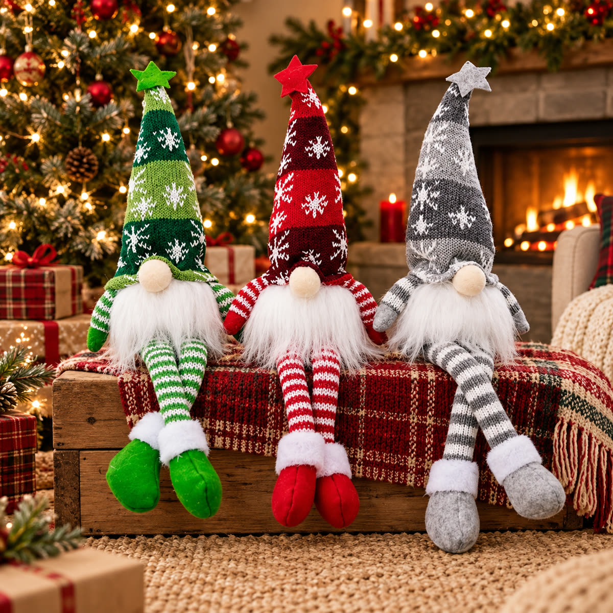 Complete three piece Christmas gnome set with green red and gray dolls together