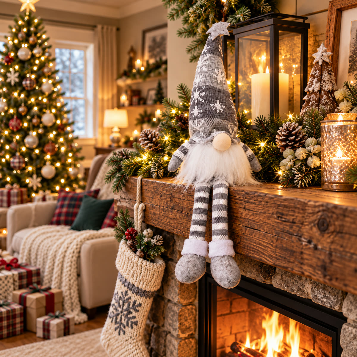Gray Christmas gnome doll sitting on a decorated fireplace mantel