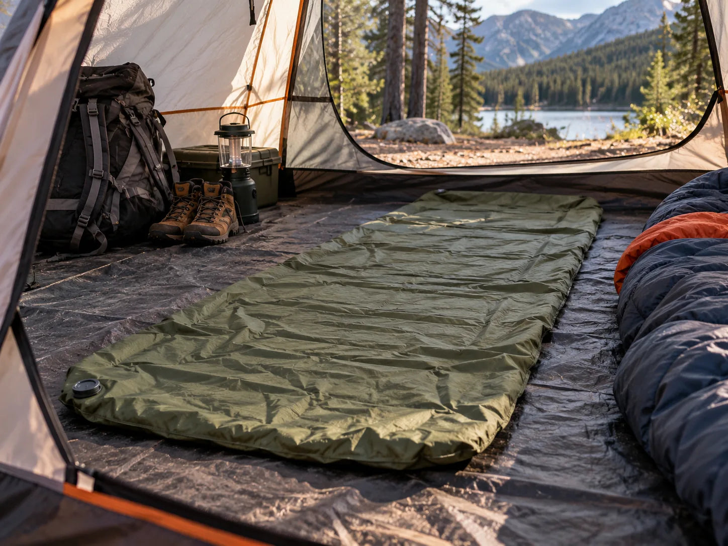 Flat camping mattress before inflation