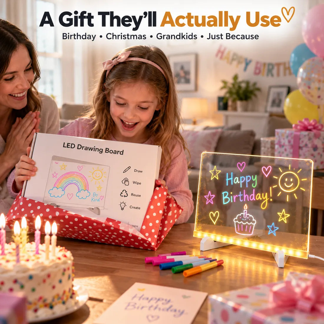 Child opening acrylic LED drawing board gift at a birthday celebration
