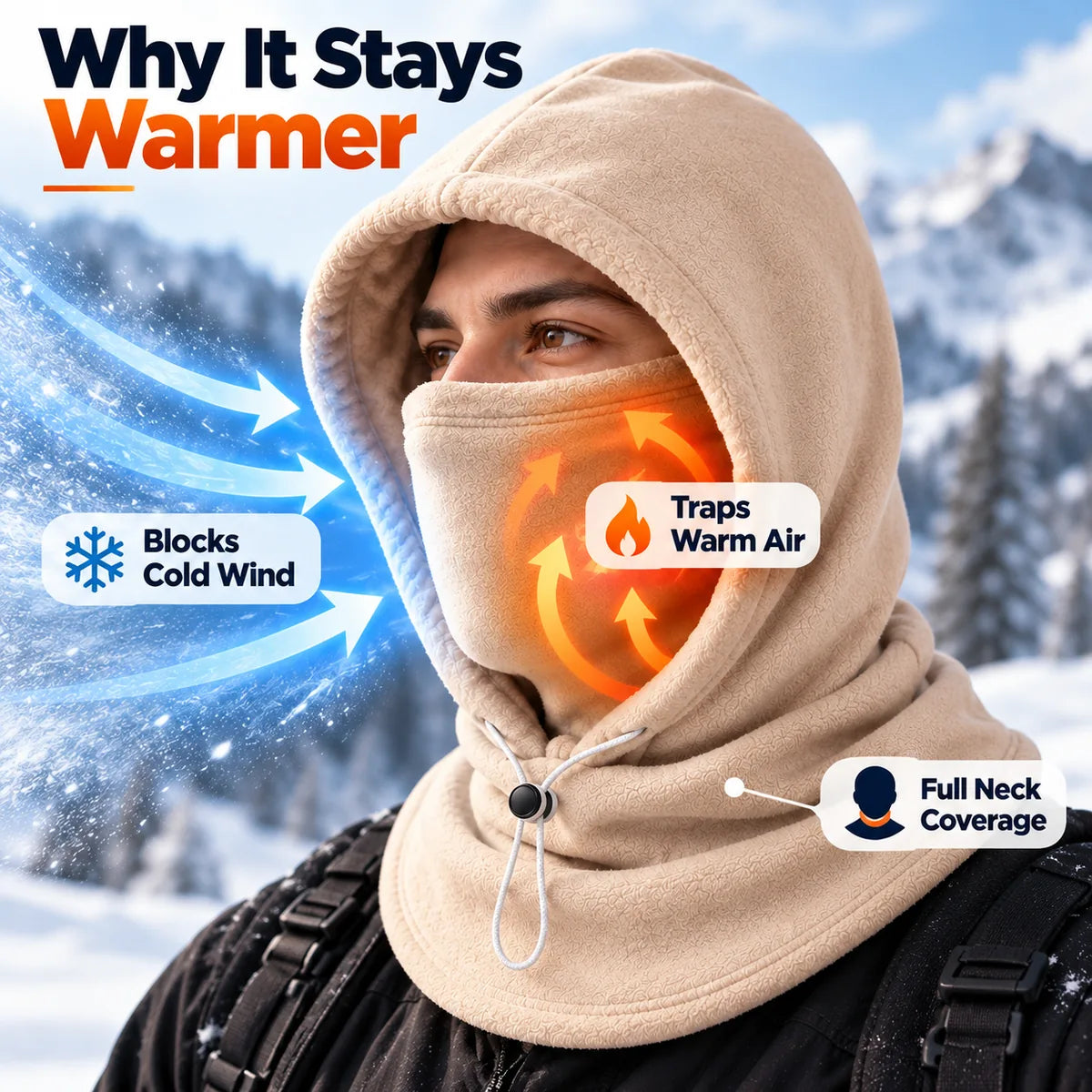 Why the fleece hood stays warmer by blocking cold wind, trapping warm air, and covering the neck