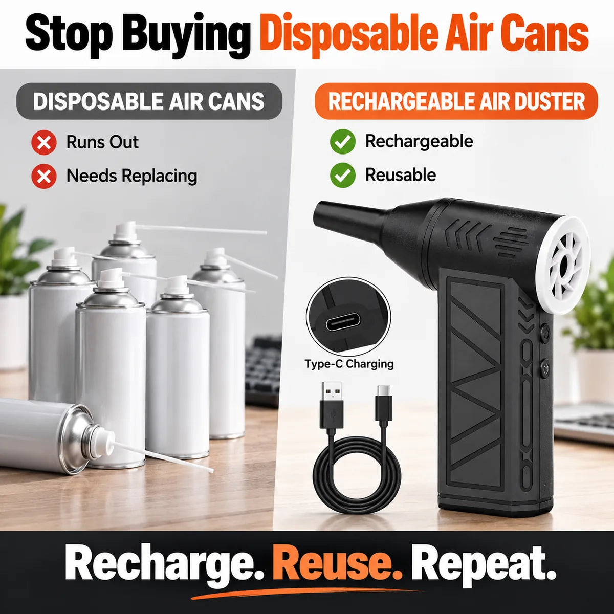 Rechargeable air duster compared with disposable air cans