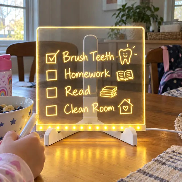 Glowing acrylic LED board used as a kids routine checklist