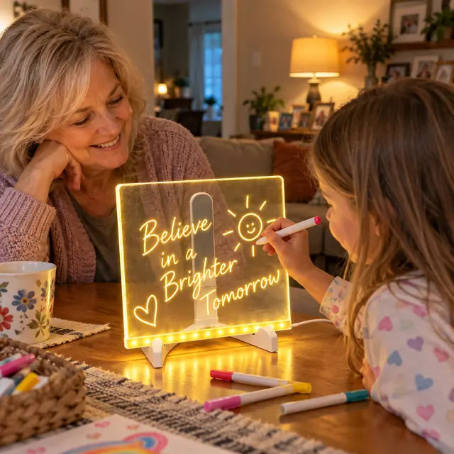 Grandmother watching a child write a glowing message on an acrylic LED board