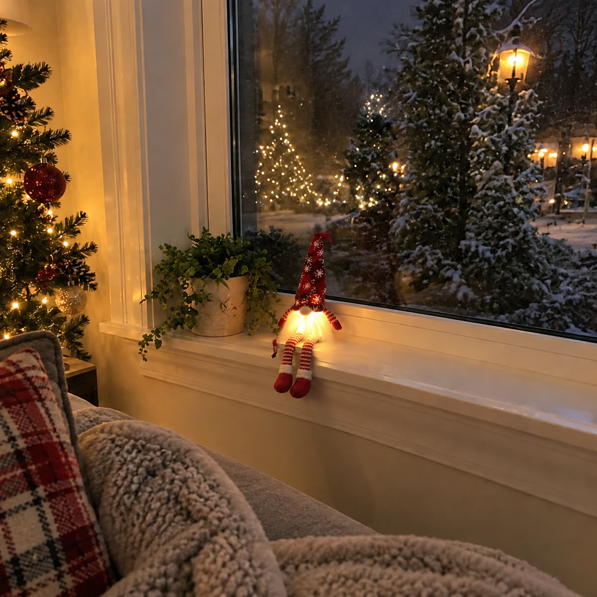 Customer photo of red glowing Christmas doll on a window sill at night