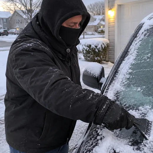 Customer scraping snow from car windshield wearing black fleece hood