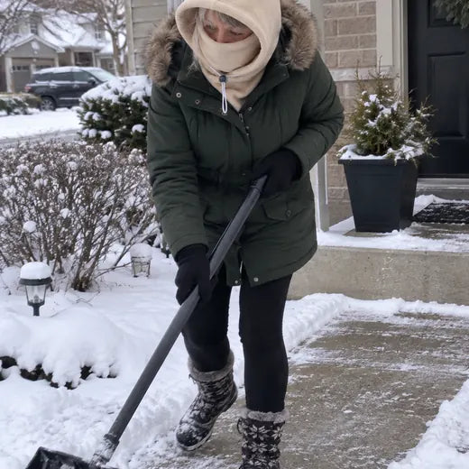 Customer shoveling snow wearing cream fleece hood
