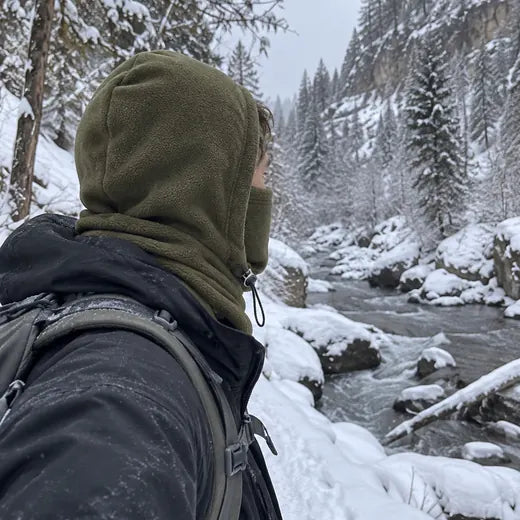 Hiker wearing olive fleece hood near snowy creek