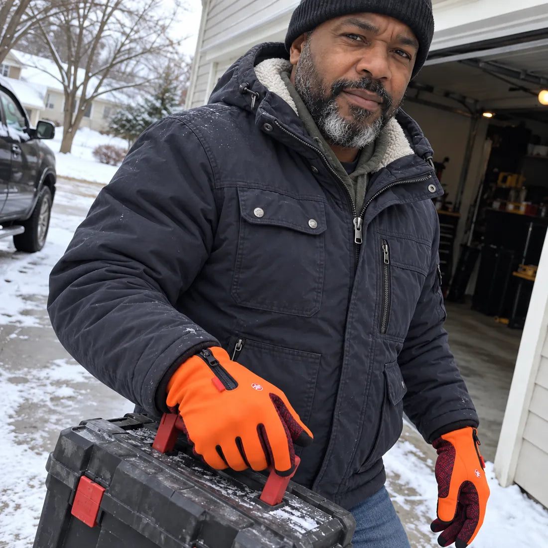 Customer carrying a toolbox outdoors while wearing orange winter work gloves