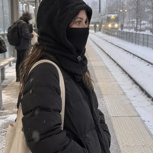Customer at snowy transit stop wearing black fleece hood