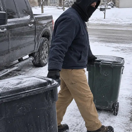 Customer moving trash bins in snow wearing black fleece hood