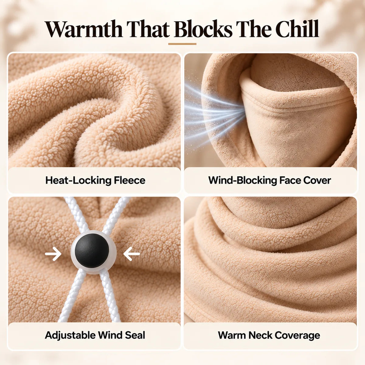 Warmth details showing fleece, wind-blocking face cover, adjustable seal, and neck coverage