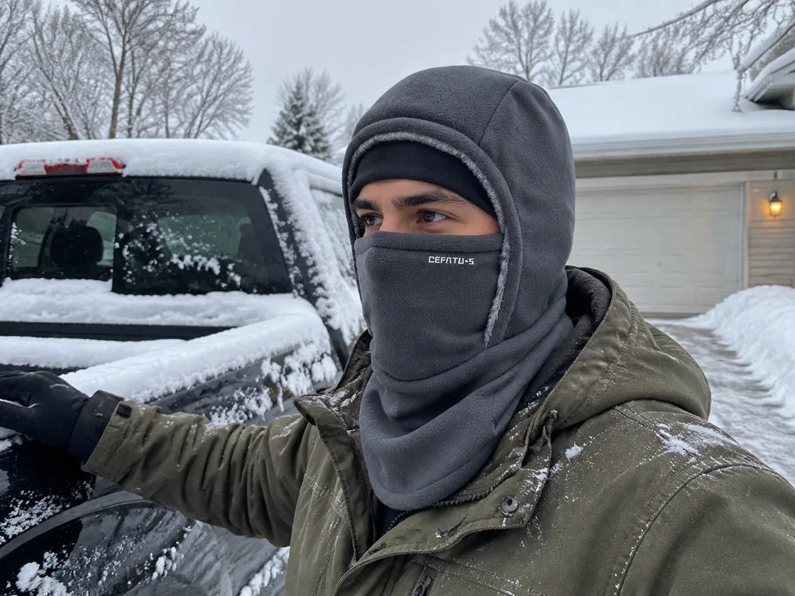 Dark gray winter hood beside a snowy pickup truck