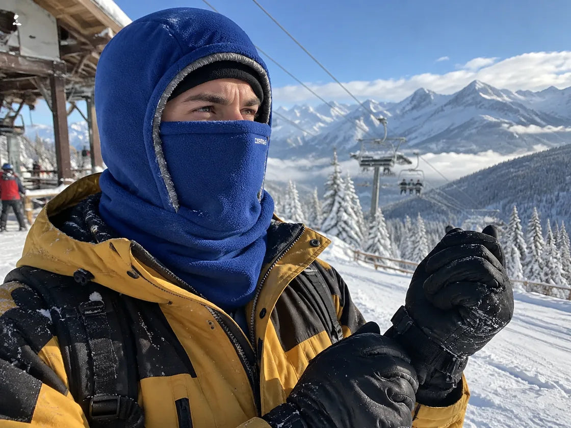 Blue winter hood at a mountain ski resort