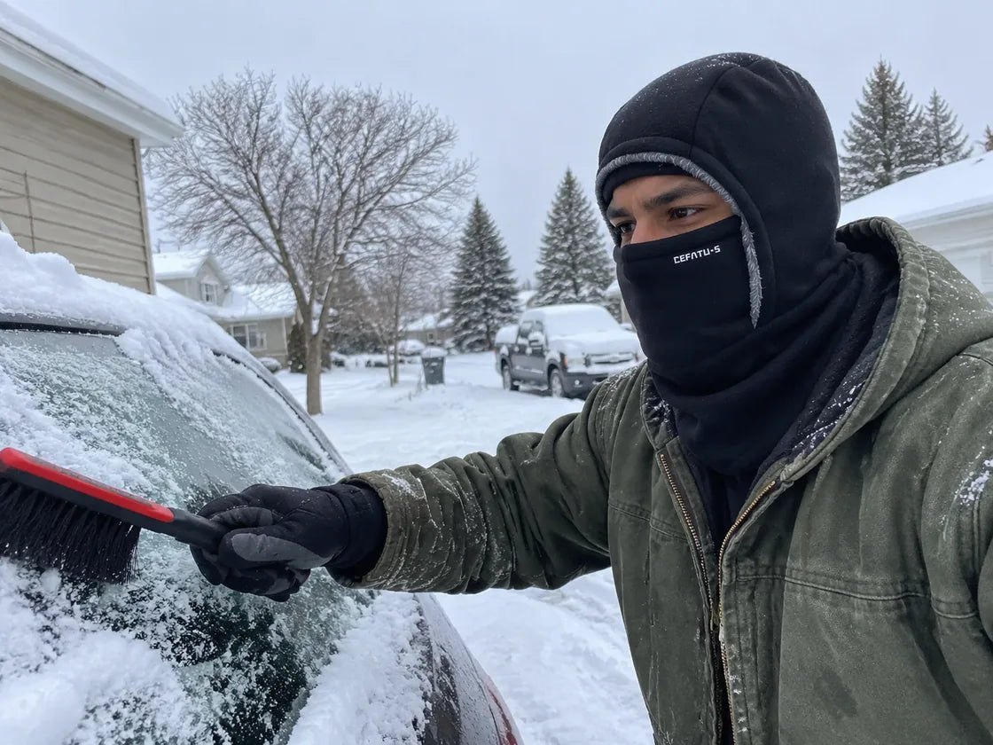 Black winter hood while clearing snow from a car