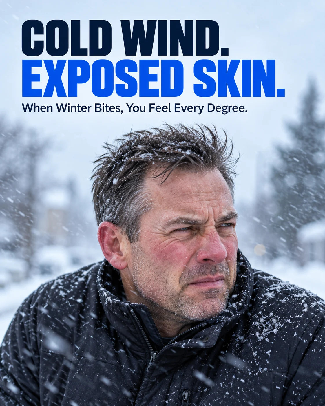 Man outdoors with exposed ears and cheeks in cold snowy weather