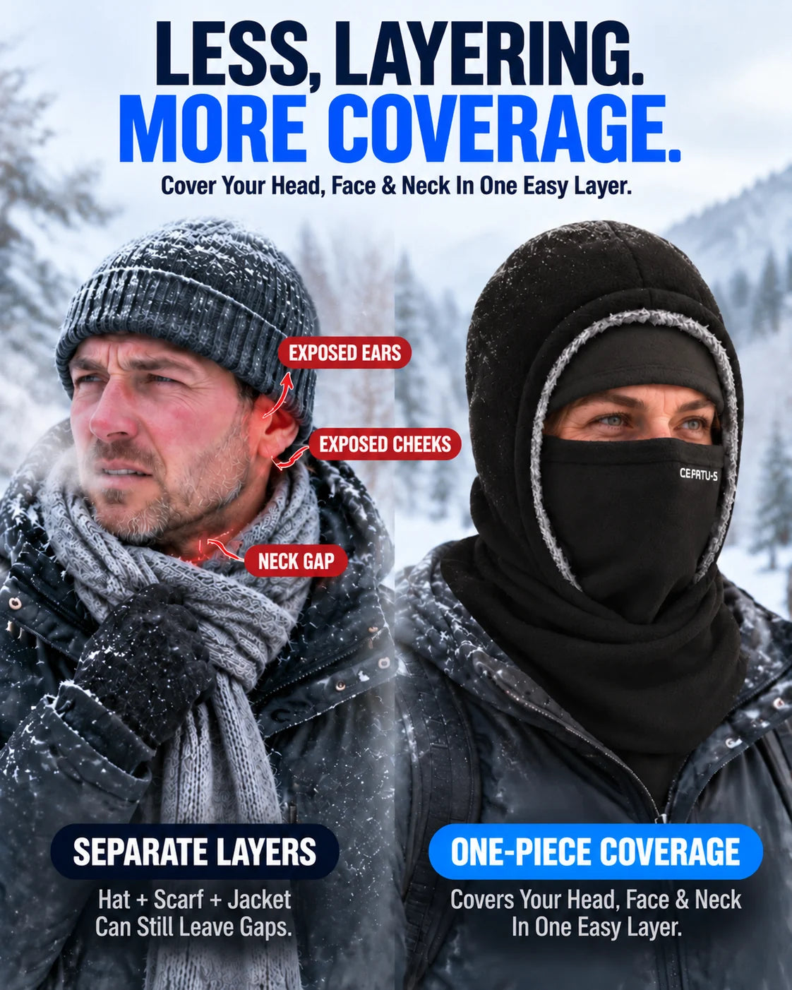 Side-by-side comparison of separate winter layers and the one-piece hood