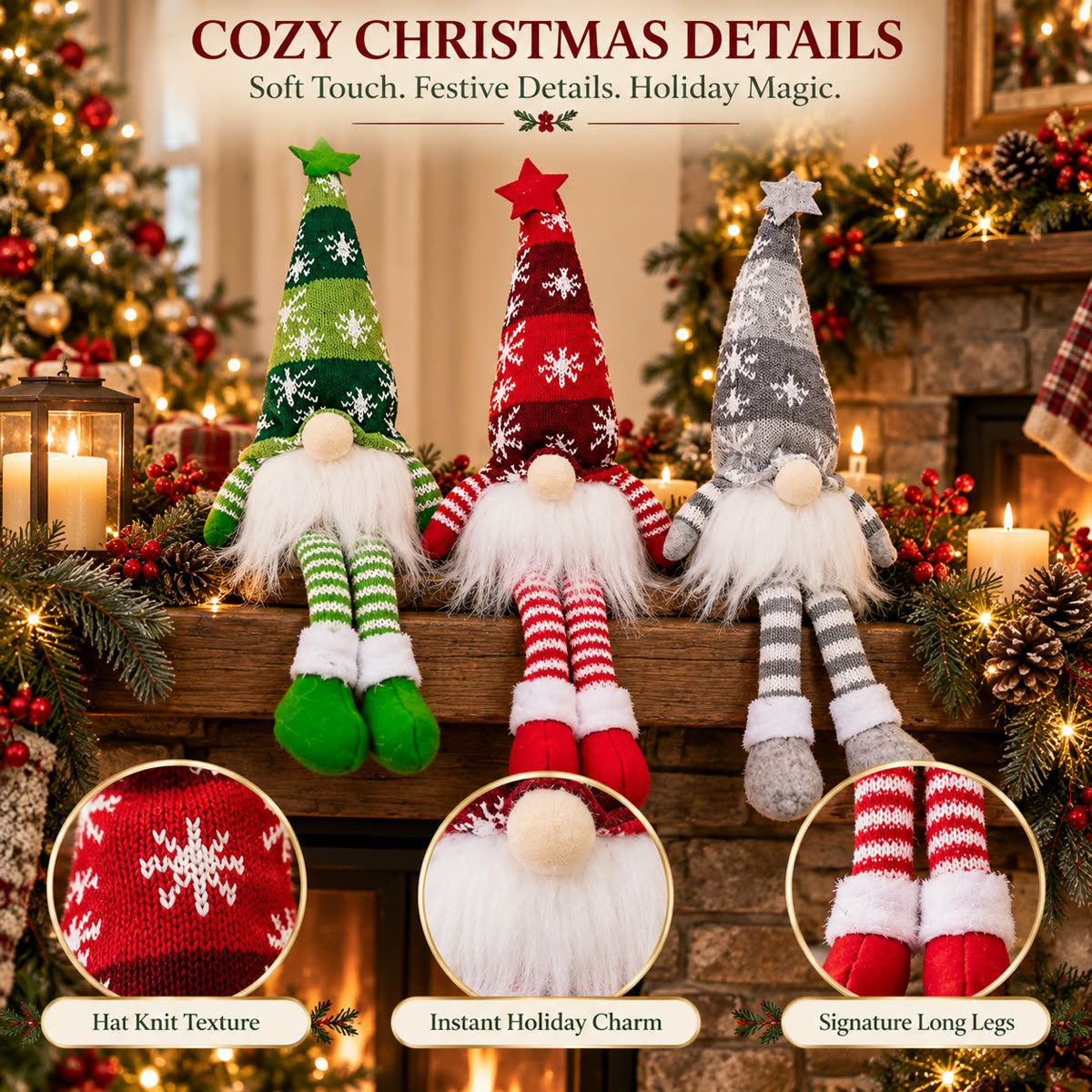 Three Christmas long leg gnome dolls showing knit hat texture, fluffy beard, and signature long legs