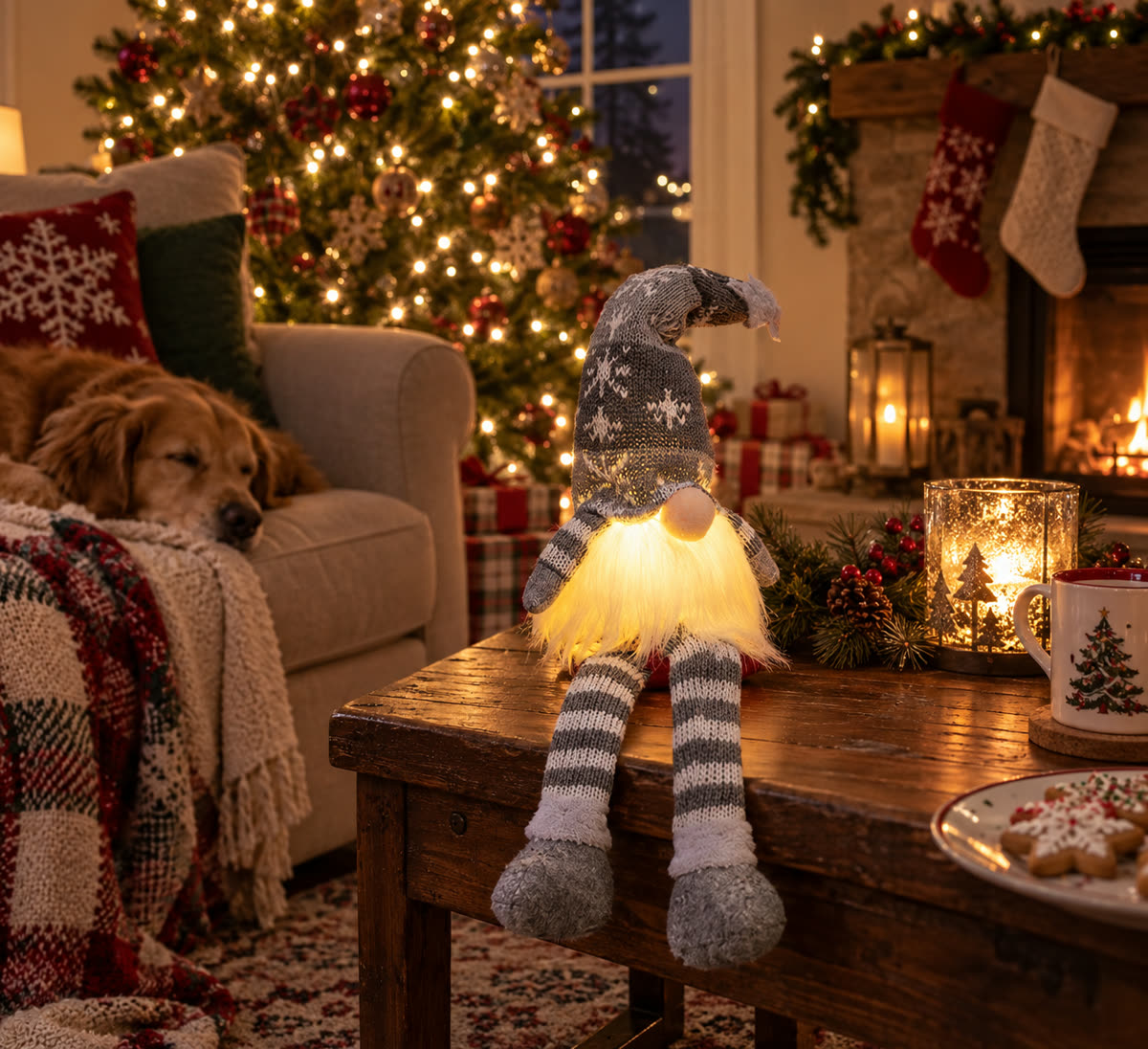 Gray Christmas long leg doll glowing at night on a coffee table in a cozy living room