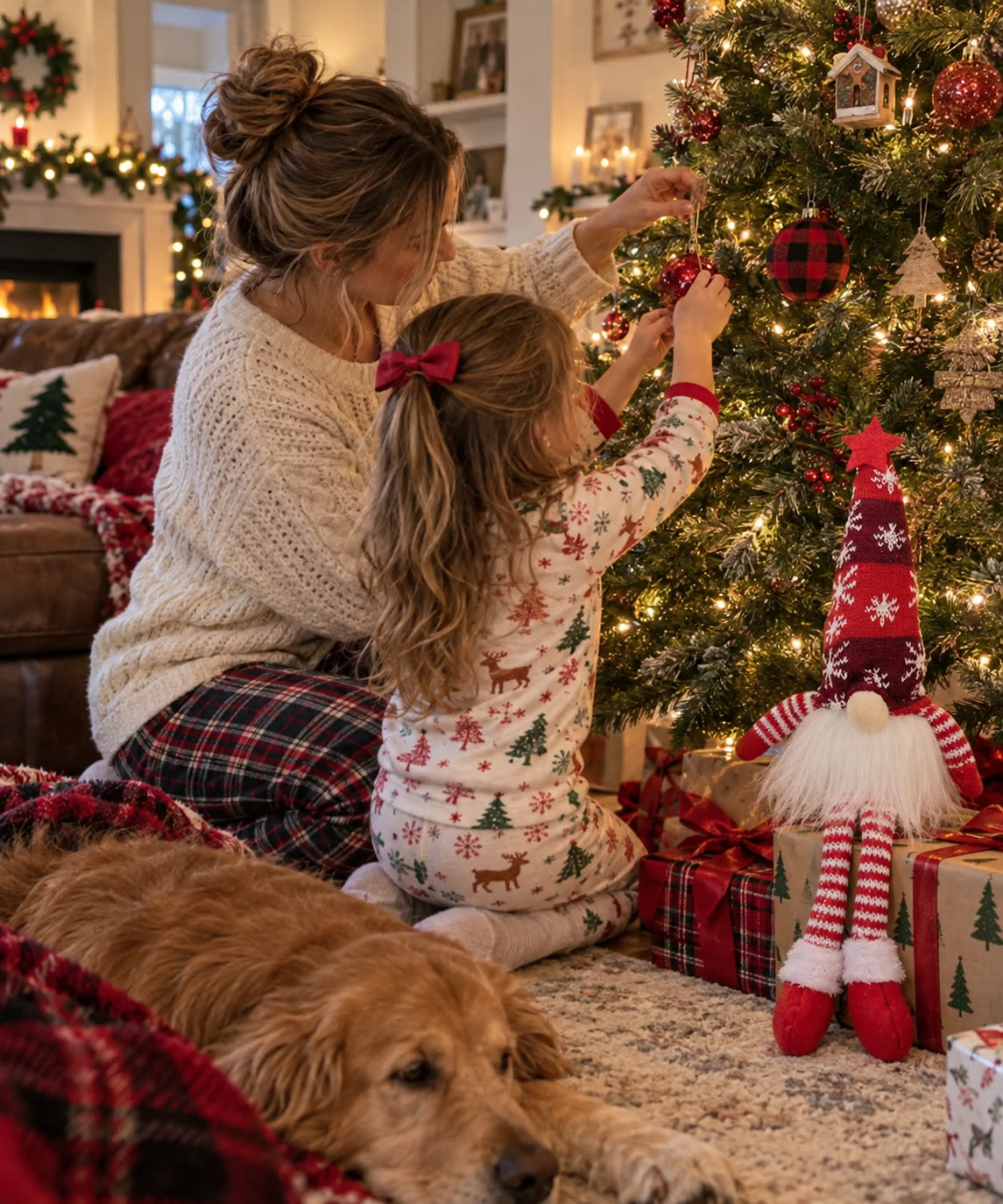 Parent and child decorating a Christmas tree beside a red long leg festive doll