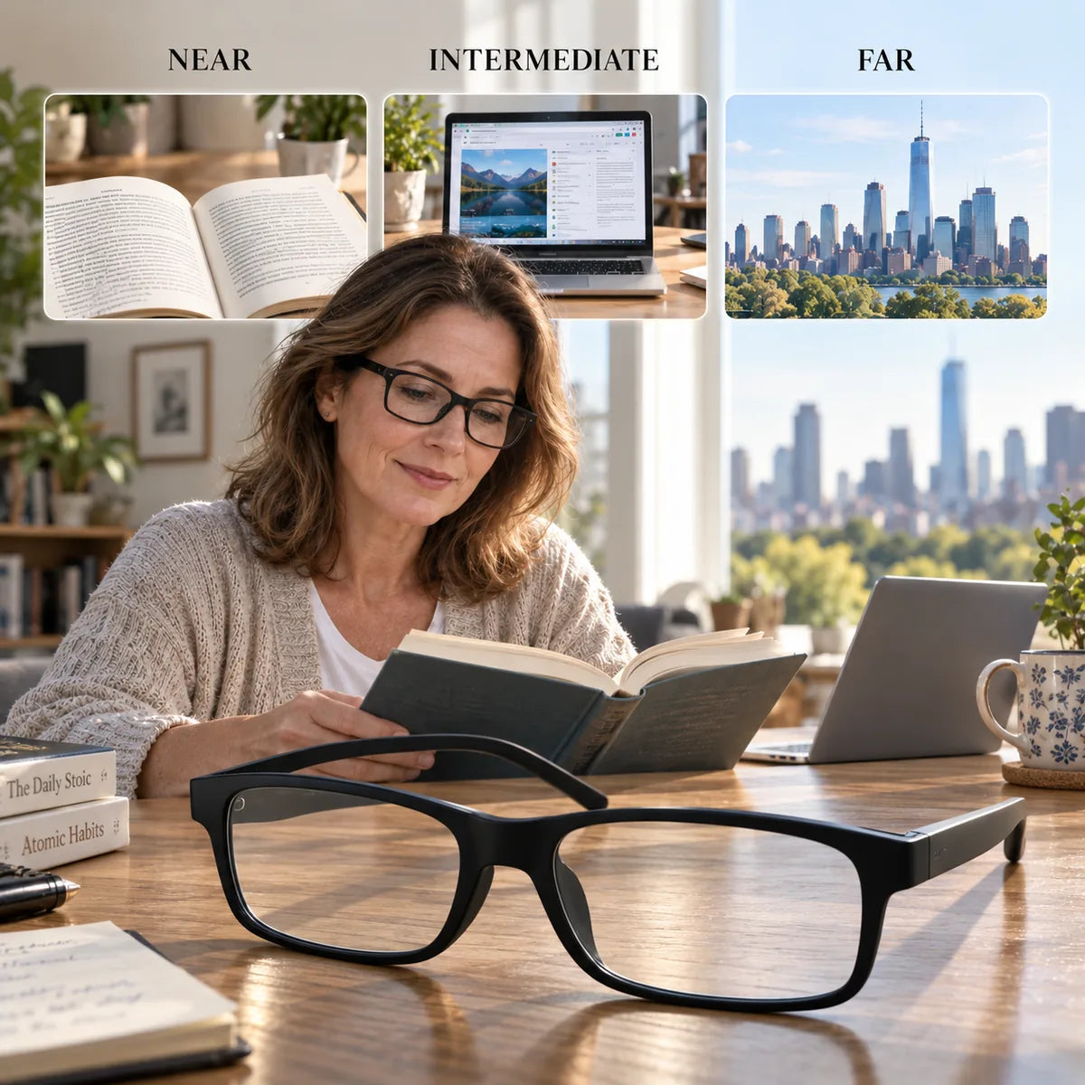 Multi-focus glasses supporting near intermediate and far vision