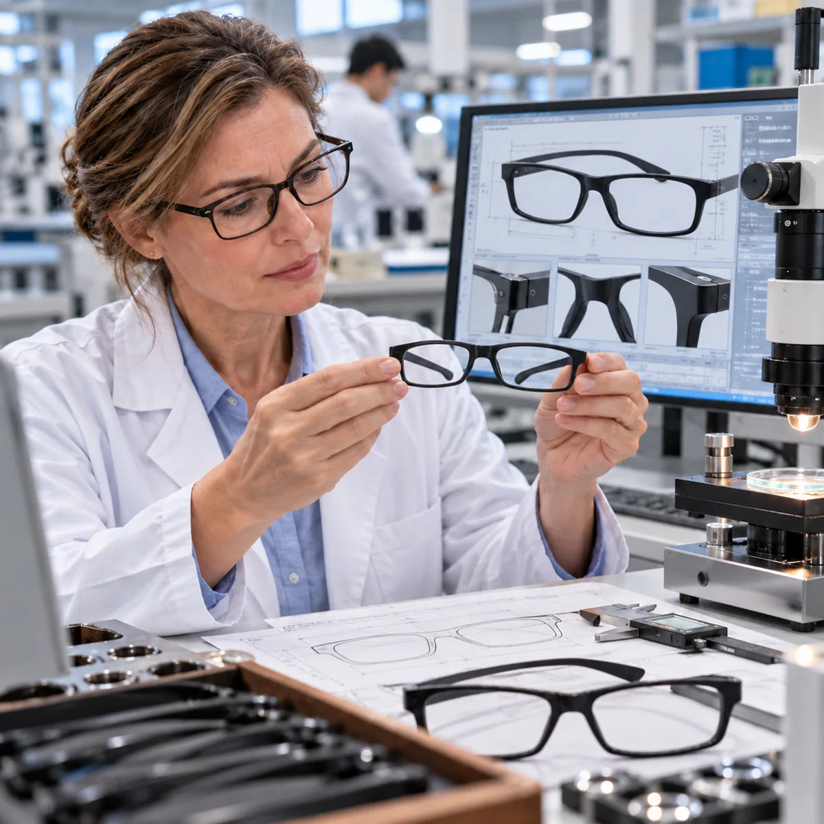 Professional inspection of glasses showing lens and frame quality