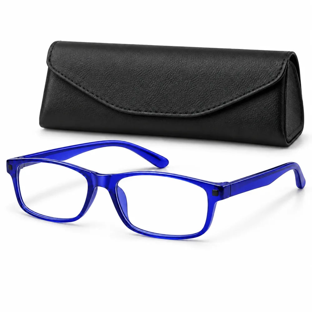 Blue glasses frame with black case