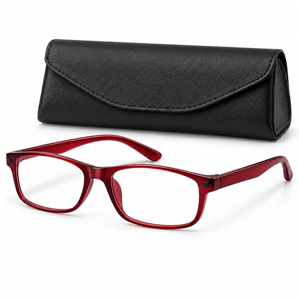 Red glasses frame with black case