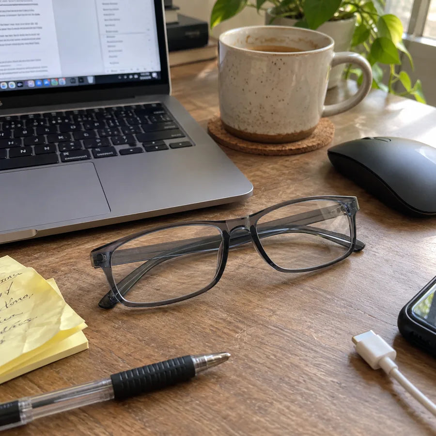 Gray glasses on a desk beside a laptop and coffee mug