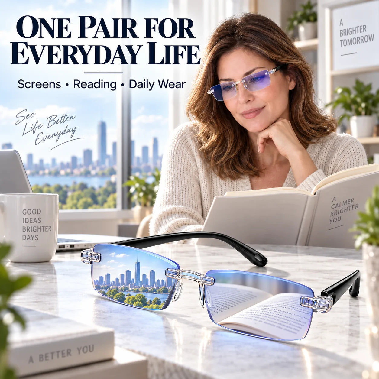 One pair of glasses for reading and everyday distance viewing