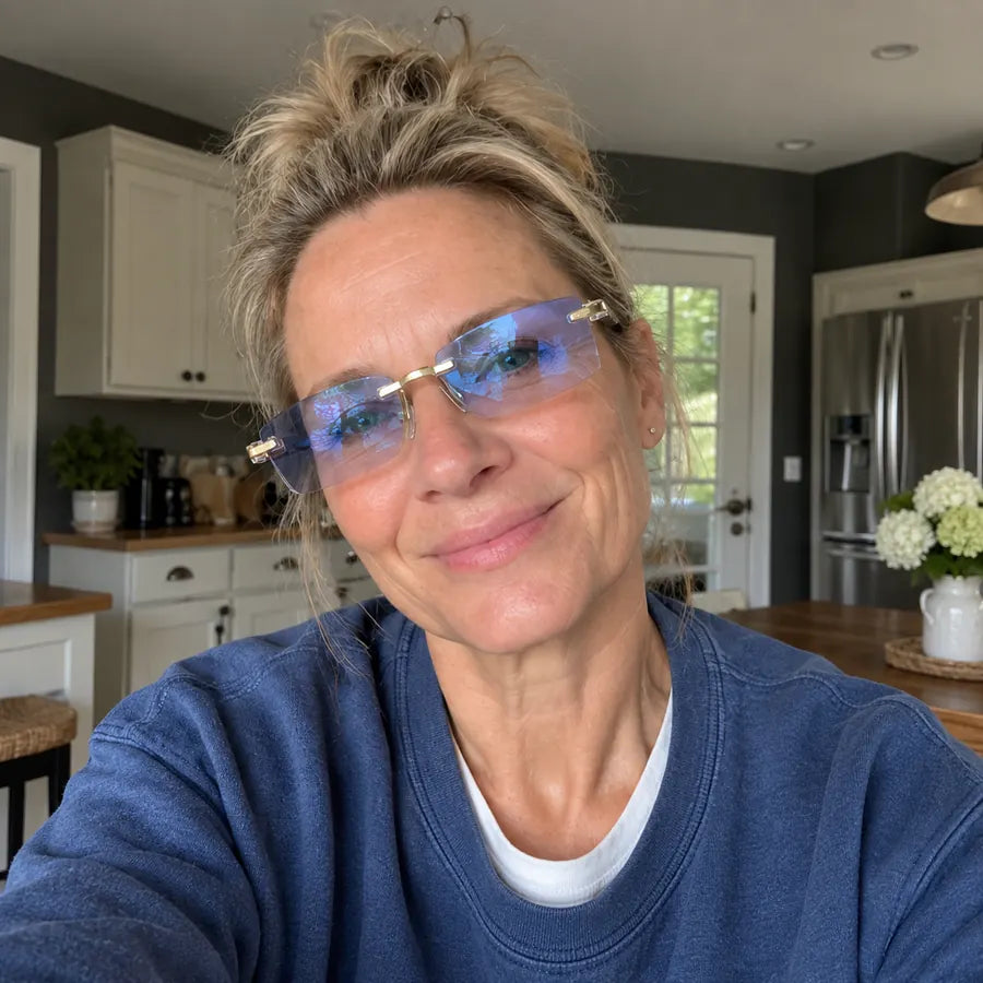 Woman wearing blue-light rimless glasses in a kitchen