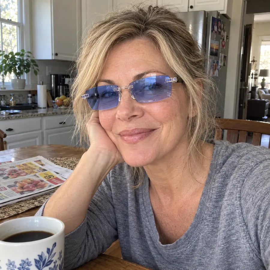 Woman wearing blue-light rimless glasses at a kitchen table with coffee